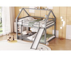 2-Persoons Stapelbed Met Glijbaan - 140x200 cm - Kinder Hoogslaper Met Ladder - Huisjesbed Met Lattenbodem - Grijs - Zonder Matras