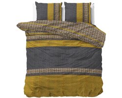 2-persoons trendy dekbedovertrek okergeel / goud / antraciet / zwart met diverse figuren, strepen en brei patroon 200 x 220 cm (sfeervol beddengoed)