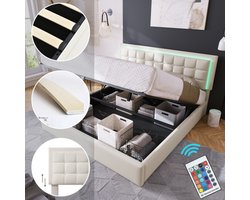 2-persoonsbed met lattenbodem en opbergruimte-Gestoffeerd bed met LED-verlichtingsstrip - functioneel bed met afstandsbediening - PU lederen hoes - wit 180x200 cm