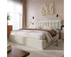 2-persoonsbed met lattenbodem en opbergruimte-Gestoffeerd bed met LED-verlichtingsstrip - functioneel bed met afstandsbediening - PU lederen hoes - wit 140x200 cm