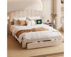 2-Persoonsbed – Tweepersoonsbed – Bedframe – Slaapbed – Jeugdbed – 140x200 cm – Verstelbaar Teddy Hoofdbord – Opberglade met USB Oplaadstation