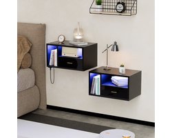2-Piece Bedside Table with Light - Single Drawer - With Charging Station - LED Strip - 1 AC Power Outlet - 2 USB Ports - Wooden Floating Bedside Table - Suitable for Bedroom - European Standard Power Outlet - Black