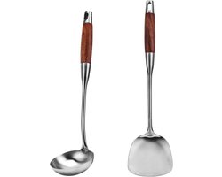 2-Piece Keuken Gereedschap Set - 304 RVS Wok Spatel en Soeplepel - Lange Hittebestendige Houten Handgreep Set