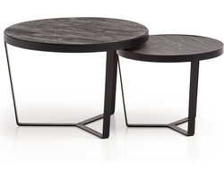 2 Piece Set Coffee Tables - Modern Design - Round Tables - Natural Wood Grain - Elegant Stone Look - Handmade - Space-saving - Floor Protectors - Acacia Wood - MDF - Iron Frames - Large Table: 60cm x 60cm x 40cm, Small Table: 44cm x 44cm x 35cm