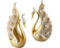2 Pieces Zwanen Sculptuur - Decoratieve Beeldjes Set - Huwelijkscadeaus voor Woonkamer en Wijnkast (Goud)