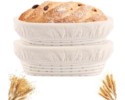 2 rijsmandjes - rijsmandje broodbakken - rijsmandje zuurdesem - ovale rijsmandjes - met stoffen deksels - 25 cm in diameter - broodbakaccessoires - beige