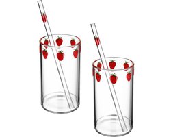 2 sets aardbei-glazen bekers met rietjes - transparant waterglas - Kawaii mok - schattige drankglazen - koffie water melk thee - thuis kantoor