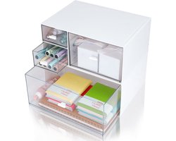2 Stage Stackable Storage Compartments - White Plastic Desk Organizer with 4 Drawers - Clear Desk Storage Boxes for Bathroom Office Supplies Home Collection - Small Items Storage