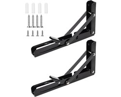 2 Stainless Steel Folding Stands - 20 cm - Multifunctional Corner for Shelves - Tables - Kitchen - Office - Black - Easy Installation without Drilling