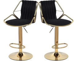 2 Stijlvol Zwart Gouden Ronde Barkruk Arm & Rugleuning Fluwelen Zitting 360º Draaibaar Hoogte Verstelbaar 56-77cm Stevige Voetsteun Draagvermogen 120kg- Zitting51.5x37cm- Ergonomisch Stalen Stevig Frame 10,4kg Antislip- Elegant Barstoel- Aanrechtkruk