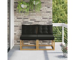 2 Stuk Buiten Midden Sofa Massief acaciahout Textilene Stof Tuinset Modulair met Kussens Weerbestendig Wit Zwart Balkon Terras Meubel