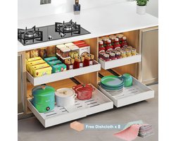 2 stuk Telescopisch Schuiflade –Breng 8 schoonmaakdoeken mee- Keukenkast Organizer – Gootsteenkast/Lade Organizer - binnenlade keuken – Uittrekbaar en Verstelbaar (32-52 cm) – Geen boor vereist – Wit