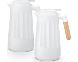 2 Stuks 1 Liter Thermoskan - Dubbelwandig Vacuüm - Glazen Voering - Houten Handvat - Houd Heet Of Koud - Voor Koffie - Thee maker - ketel Camping - Theepot - Waterkoker - Melk - Wit