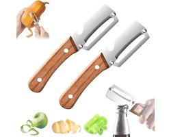 2 Stuks 2 in1 Dunschiller - Met Flessenopener en Houten Handvat - Multifunctionele Groenteschiller - Aardappel Schiller - RVS - Duurzaam & Ergonomisch - Keukengereedschap - Dunschiller voor Appels, Aardappels, Papaja, Wortels & Pompoen