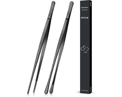 2 stuks 30,5 cm kookpincet tang, precisie gekartelde punten, roestvrij staal, professioneel kookpincet, keukengereedschap voor grillen, coaten en serveren (zwart)