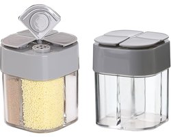 2 Stuks 4-in-1 Grijze Kunststof Zout- en Peperstrooier - Kruidenstrooier - Reisspecerijenpotjes voor Keuken, Barbecue en Camping
