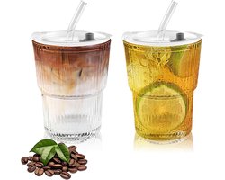 2 Stuks 400ml Glazen Bekers met Deksel en Rietje - Iced Coffee Glazen - Matcha Glazen - Smoothie Tumbler - Waterdicht Ontwerp - Transparante Gestreepte Drinkglazen voor Koffie en Thee