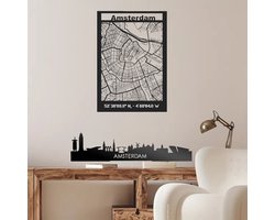 2 stuks Amsterdam Skyline en Straat Kaart muurdecoratie - Wanddecoratie - Zwart - Houten art - Muurdecoratie - Line art - Wall art - Bohemian - Wandborden - Woonkamer