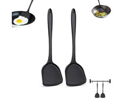 2 stuks - antiaanbakspatel - Hittebestendige siliconen spatel - Gemakkelijk schoon te maken wokspatel - Vaatwasbestendige siliconen spatel - Naadloos keukengereedschap - Geschikt voor koken, bakken en wokken (zwart)