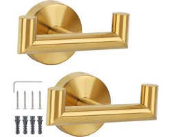 2 Stuks badkamerhaak, Wandhaak, Bad jashaak, handdoekhouder voor aan de muur, keukenhanddoekhaak met schroeven, Dubbele kleding haak van RVS staal, goud wandkapstok, Hand doekrek - Cyslmuk®