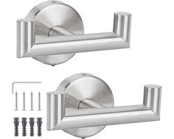 2 Stuks badkamerhaak, Wandhaak, Bad jashaak, handdoekhouder voor aan de muur, keukenhanddoekhaak met schroeven, Dubbele kleding haak van RVS staal, Zilver wandkapstok, Hand doekrek - Cyslmuk®
