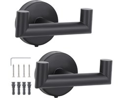 2 Stuks badkamerhaak, Wandhaak, Bad jashaak, handdoekhouder voor aan de muur, keukenhanddoekhaak met schroeven, Dubbele kleding haak van RVS staal, zwarte wandkapstok, Hand doekrek - Cyslmuk®
