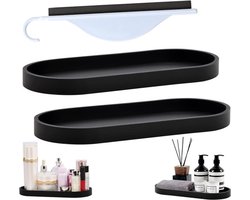 2 stuks badkameropslagbak met schraper voor op tafel - elegante waterdichte opslagbakken voor woonkamer, slaapkamer, badkamer en keuken (zwart, ovaal)