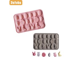 2 stuks - Bakvorm - siliconen mallen - 18 holtes - paasei- en konijnvormen - cake- en chocolademallen - bak， dessert- en zeepmaakgereedschap - geschikt voor Pasen - roze + grijs