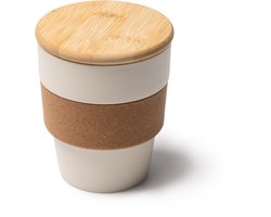 2 stuks beige PP beker 350 ml met kurkband en bamboe deksel model Lovren