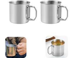 2 stuks beker - bergbeklimmersbeker - campingbeker - theebeker - koffiebeker - opvouwbaar - verwarmbaar - metalen waterbeker - buitenaccessoires - geschikt voor kamperen, bergbeklimmen, wandelen (zilver, 8,5*8 cm)