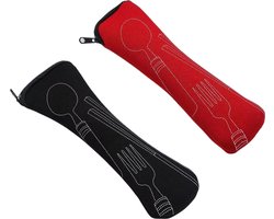 2 stuks - Bestekzakje - Bestek Zakje - Buiten reizen kamperen bestek tas - rood,zwart - Draagbaar bestek servies serviesgoed draagtas - 24*7cm - Bestek niet inbegrepen - Neopreen