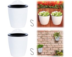 2 stuks bloempotten - plantenbakken - hangende bloempotten - dubbellaagse bloempotten - ronde hydrocultuur bloempotten - automatische waterinlaat - inclusief katoenen touw, S-haken - voor kruiden, vetplanten, cactussen, bloemen (13*14 cm - wit)