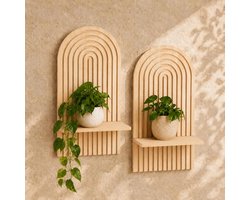 2 stuks boho wandplanken: Boheemse decoratie voor slaapkamer en woonkamer - Zwevende wandplank met boogvorm in mid-century stijl, ideaal voor het tentoonstellen van planten, kaarsen of kleine voorwerpen - Natuurlijke houtkleur