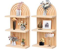2 Stuks Boho Wandplanken, Zwevende Wandplank voor Woonkamer, Houten Plank voor Planten in Keuken en Slaapkamer