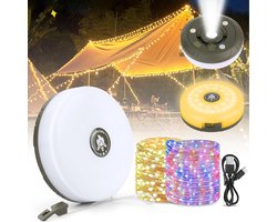 2 Stuks Camping Lichtsnoer 10 M - Warme lichten en Kleur licht - Campingverlichtingssnoer - Lampenslinger - Ambience Strip - 4-in-1 draagbaar - Camplamp - Oprolbaar - Waterdicht - Solar String Lights - Voor kamperen, tuin, decoratie - USB Oplaadbare