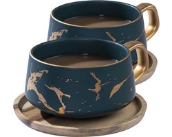 2 stuks cappuccinokopjes met schoteltjes, 300 ml, porseleinen espressokopjes voor thee, koffie, cappuccino, koffiekopjes met houten schijf (2 x groen)