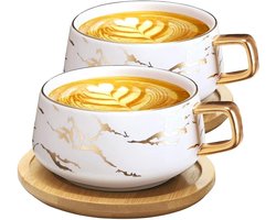 2 stuks cappuccinokopjes met schoteltjes, 300 ml, porseleinen espressokopjes voor thee, koffie, cappuccino, koffiekopjes met houten schijf (wit x 2)