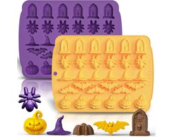 2 stuks - Chocoladevormen - bak mal - Halloween Chocolade Mal Siliconen - 30 Holten Snoep Gummy Mal - met Pompoen , Tovenaarshoed , Vleermuis , Spin , Grafsteen - voor het Bakken van Chocolade Gelei Gummy Dessert - paars en geel - 22*17*1.25 cm