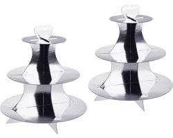 2 stuks cupcake/muffin standaard met 3 planken, etagère 3 verdiepingen van karton in goud en zilver (2 x zilver)