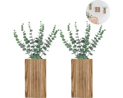 2 stuks - decoraties - houten wandhangende plantenbak - wandvaas - muur bloempot - wandmontage - inclusief kunstplant - paulowniahout - interieur woonkamer, muurdecoratie - licht houtkleur