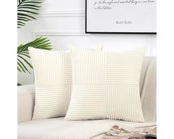 2 stuks decoratieve sierkussenhoezen voor woonkamerbankbed, rustieke boerderij Boho woondecoratie, zachte corduroy patchwork textuur vierkante kussenhoes (45x45 cm) - Wit