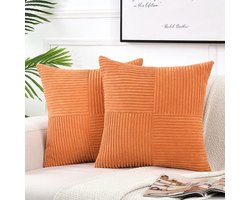 2 stuks decoratieve sierkussenhoezen voor woonkamerbankbed, rustieke boerderij Boho woondecoratie, zachte corduroy patchwork textuur vierkante kussenhoes (60x60 cm) - oranje