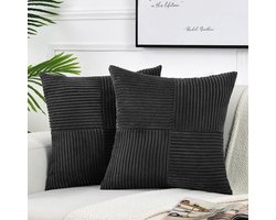 2 stuks decoratieve sierkussenhoezen voor woonkamerbankbed, rustieke boerderij Boho woondecoratie, zachte corduroy patchwork textuur vierkante kussenhoes (30x50 cm) - zwart