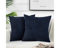 2 stuks decoratieve sierkussenhoezen voor woonkamerbankbed, rustieke boerderij Boho woondecoratie, zachte corduroy patchwork textuur vierkante kussenhoes (60x60 cm) - Marineblauw