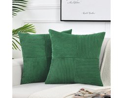 2 stuks decoratieve sierkussenhoezen voor woonkamerbankbed, rustieke boerderij Boho woondecoratie, zachte corduroy patchwork textuur vierkante kussenhoes (45x45 cm) - donkergroen