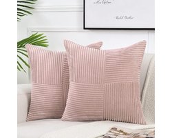 2 stuks decoratieve sierkussenhoezen voor woonkamerbankbed, rustieke boerderij Boho woondecoratie, zachte corduroy patchwork textuur vierkante kussenhoes (45x45 cm) - roze