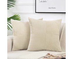 2 stuks decoratieve sierkussenhoezen voor woonkamerbankbed, rustieke boerderij Boho woondecoratie, zachte corduroy patchwork textuur vierkante kussenhoes (60x60 cm) - beige geel