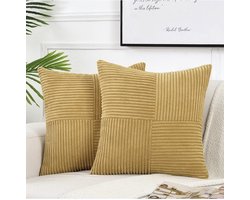 2 stuks decoratieve sierkussenhoezen voor woonkamerbankbed, rustieke boerderij Boho woondecoratie, zachte corduroy patchwork textuur vierkante kussenhoes (45x45 cm) - gember geel
