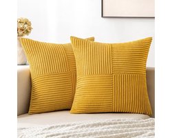 2 stuks decoratieve sierkussenhoezen voor woonkamerbankbed, rustieke boerderij Boho woondecoratie, zachte corduroy patchwork textuur vierkante kussenhoes (45x45 cm) - helder geel