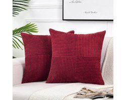 2 stuks decoratieve sierkussenhoezen voor woonkamerbankbed, rustieke boerderij Boho woondecoratie, zachte corduroy patchwork textuur vierkante kussenhoes (55x55 cm) - Bordeaux